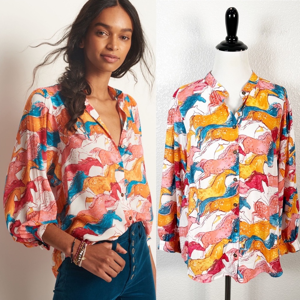 Anthropologie Multicolor Horse Print Blouse